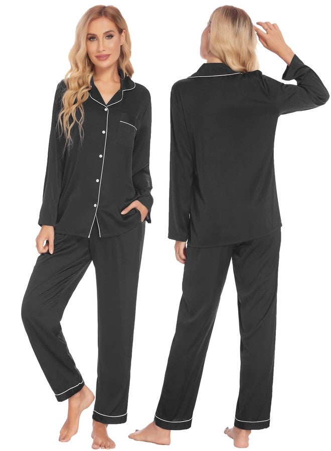 Ekouaer Couple Pajamas Women's Silk Satin Pajama Set Button Down Sleepwear with Pockets 2 Piece Pjs Set Black,M - Image 2